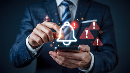 Businessman receiving urgent notifications on smartphone