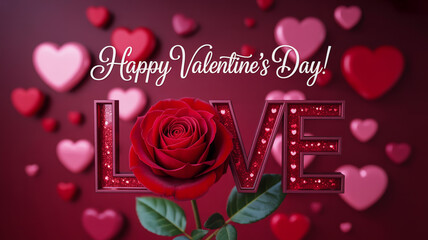 Happy valentine's day with a red rose and love sign