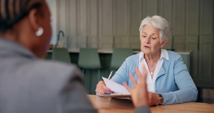 Financial advisor, meeting and documents with old woman in home for drafting will, legal advice and assets. Estate manager, attorney letter and clipboard with senior person and lawyer in house