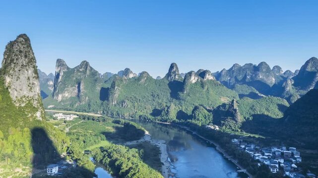 aerial time-lapse of the Li River in early morning, Lengshui Village in Xingping Town ,Yangshuo, Guilin, China