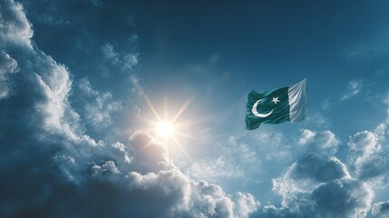 A waving green flag featuring a white crescent and star, symbolizing a nation