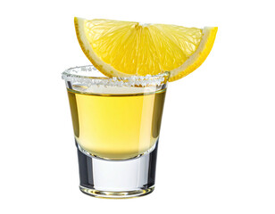 A shot of golden liquor with a lemon wedge and salted rim