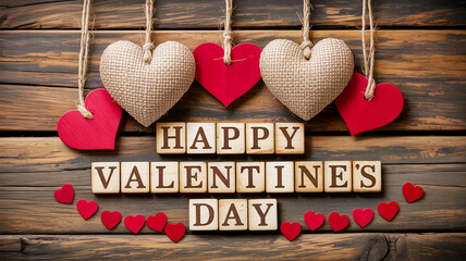 Happy valentine's day message with hearts on rustic wood