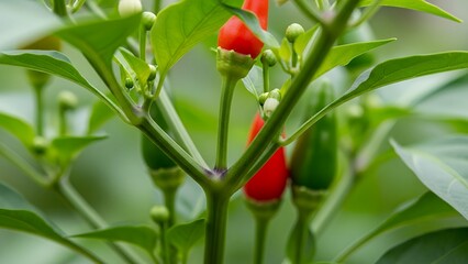 Vibrant Red and Green Chili Peppers Growing on a Plant in a Garden.