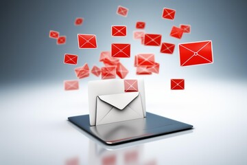 Email envelope emerging from a digital tablet with numerous flying red email icons
