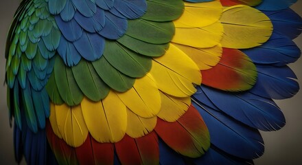 Close up of vibrant macaw feathers in a rainbow of colors