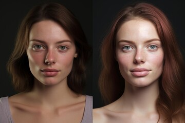 Woman's face showing a before and after comparison of hair color and style