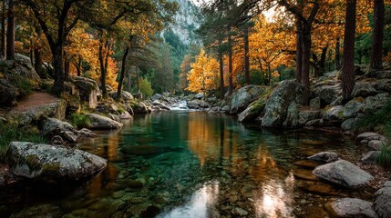 Calm river reflects fall foliage, framed by trees and rocky banks