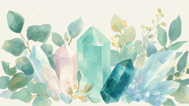 結晶と植物の水彩背景 ナチュラルファンタジー