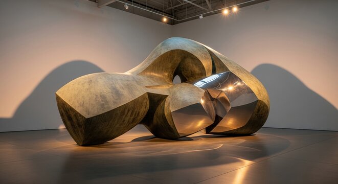 An abstract sculpture with reflective surfaces stands in a gallery space casting shadows on the floor and walls