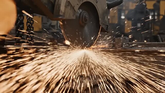 Industrial Cutting Process Sparks Flying as Saw Blade Grinds Metal