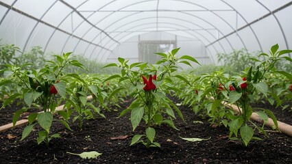 Rows of ripe red chili peppers growing in a lush greenhouse on a misty day.