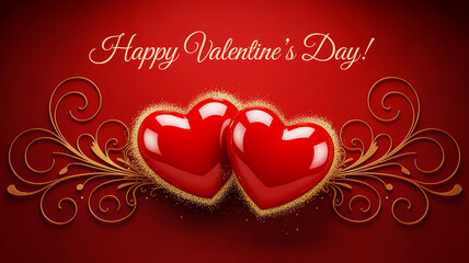 Happy valentine's day with two red hearts and golden swirls
