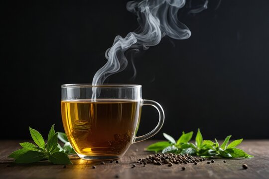 Dampfende Tasse gr&uuml;ner Tee auf dunklem Hintergrund mit frischen Teebl&auml;ttern