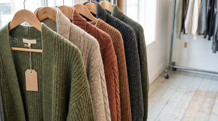 Cozy knit cardigans in assorted earthy colors hanging on wooden hangers in bright minimalist boutique interior with soft natural light