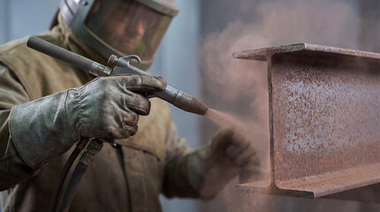 Worker using protective gear and abrasive blasting equipment to clean rust from a large steel beam in an industrial workshop
