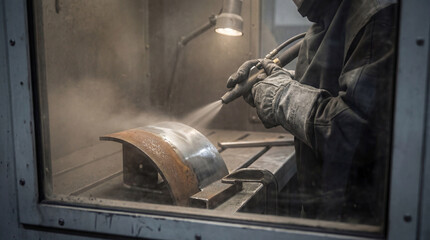 Industrial worker sandblasting curved metal component inside enclosed workshop booth under focused task lighting and controlled conditions
