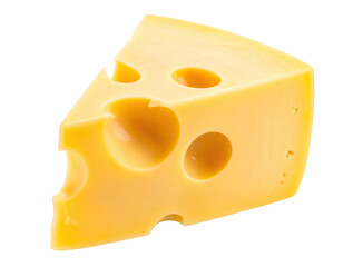 Triangular wedge of yellow dairy food with holes on a black backdrop