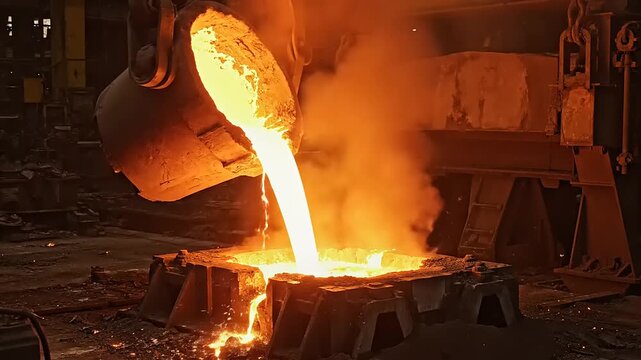Molten metal being poured into molds at a foundry during industrial casting