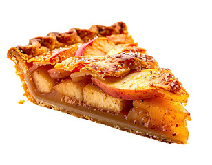 Slice of apple dessert with golden crust and baked fruit