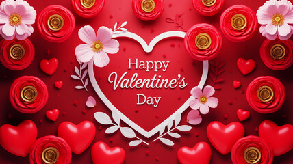 Elegant valentine's day heart decoration with red roses and pink flowers