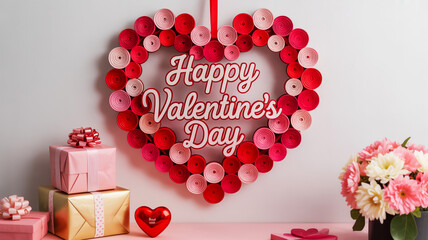 Heart-shaped valentine's day wreath with gifts and flowers