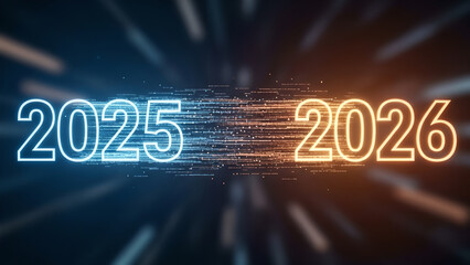 New Year 2026 Digital Transition with Glowing 2025 Numbers and Futuristic Data Particle Background