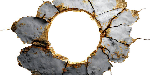 Cracked and Eroded: A close-up shot of a textured, cracked surface with a hollow, round space in the center, symbolizing age, damage, and transformation.