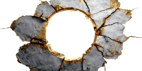 Cracked and Eroded: A close-up shot of a textured, cracked surface with a hollow, round space in the center, symbolizing age, damage, and transformation.