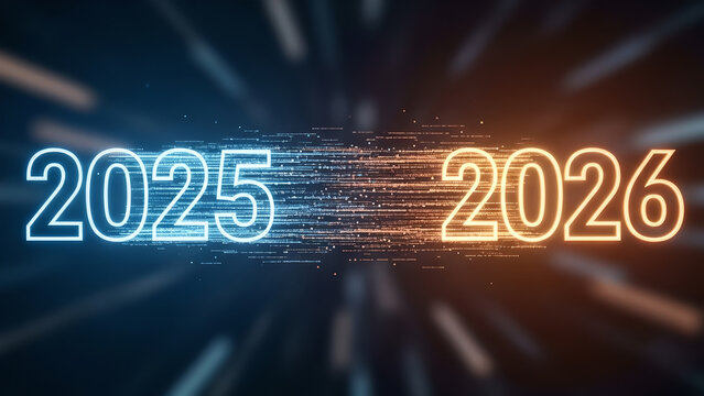 New Year 2026 Digital Transition with Glowing 2025 Numbers and Futuristic Data Particle Background - Powered by Adobe