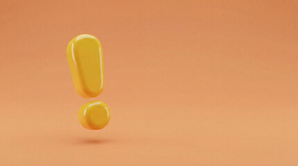 Floating yellow exclamation mark symbol on soft orange background representing alert, notification, warning and important message