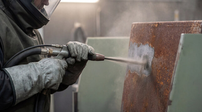 Rust removal worker using abrasive sandblasting equipment to clean corroded metal surface in industrial workshop safety environment