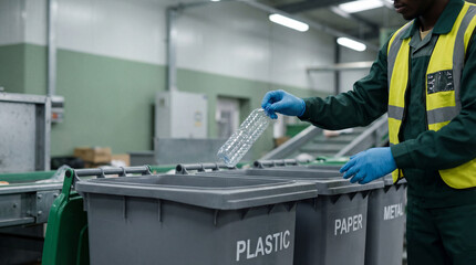 Recycling facility worker sorting plastic bottle into labeled waste containers for plastic paper and metal inside industrial processing plant