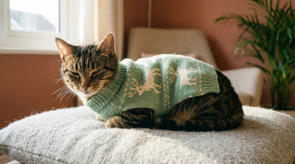 Tabby cat resting on a soft cushion in cozy living room wearing a knitted winter sweater near window light and green houseplant