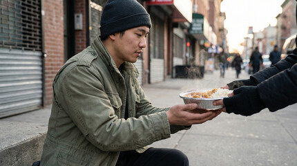 Young man in winter clothing receiving hot meal in urban street, concept of kindness, charity support, and community outreach