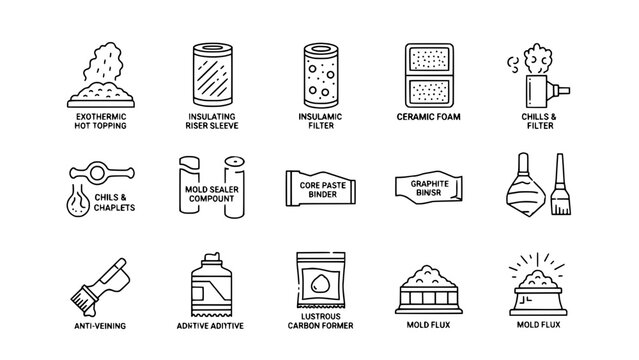 Foundry components displaying types for casting process isolated or Metallurgy additives exhibiting usage in metalworking industrial setting