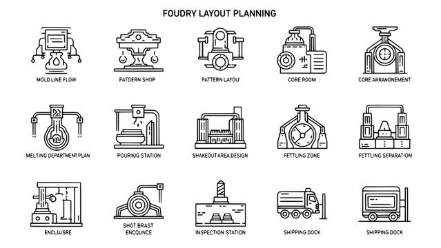 Foundry machinery displaying processes in black outlines or industrial manufacturing equipments showing work operations in plant or metalworking instruments performing procedures in factory