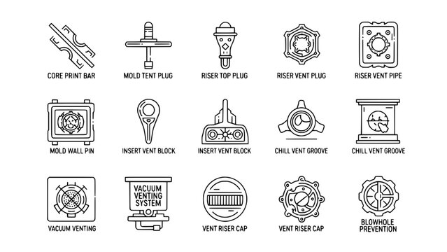 Foundry tooling components presenting different structures in manufacturing or industrial context or Industrial casting parts display metalworking tools on white backdrop