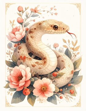 ルノルマン「蛇」植物と果実に囲まれた水彩画イラスト / Lenormand Snake with Plants and Berries Watercolor Illustration