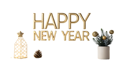 Happy New Year Premium Gold Typography Isolated On Transparent Background