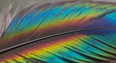Close up of a vibrant iridescent peacock feather with rainbow colors