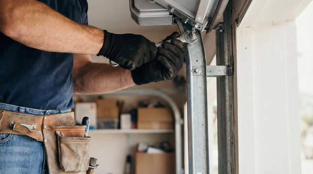 Technician repairing residential garage door mechanism with tools and gloves in workshop setting for maintenance and safety - Powered by Adobe