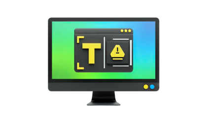 3D Computer monitor showing a warning icon and the letter T on transparent background