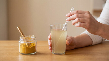 person stirring glass of turmeric drink with reusable straw beside jar of powdered spice on wooden table in bright cozy kitchen