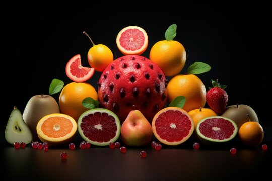 Colorful assortment of fresh fruits, including oranges, grapefruits, pears, and a strawberry, arranged artistically against a dark backdrop - Powered by Adobe
