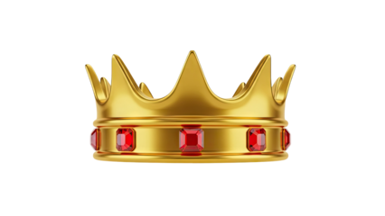 3D Golden Crown with Red Jewels on transparent background