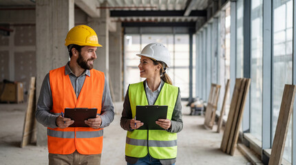 Two construction engineers in safety vests inspecting modern building site interior and discussing progress with clipboards in hands