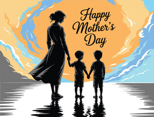 Happy Mother&rsquo;s Day Silhouette with Mother and Children at Sunset