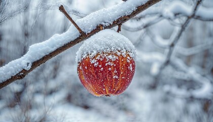 Winter Tranquility: AI Image of a Snow-Covered Apple Hanging from a Frosted Tree Branch