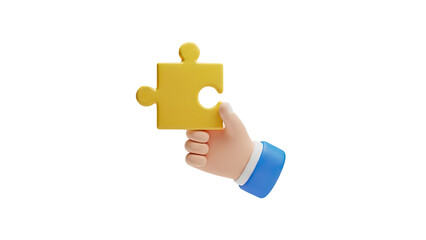 3D Hand holding a yellow puzzle piece on transparent background